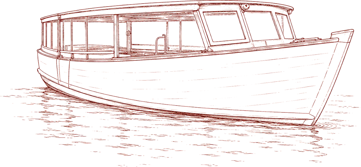 Tegning af bådfarten, der sejler os ud på Furesø